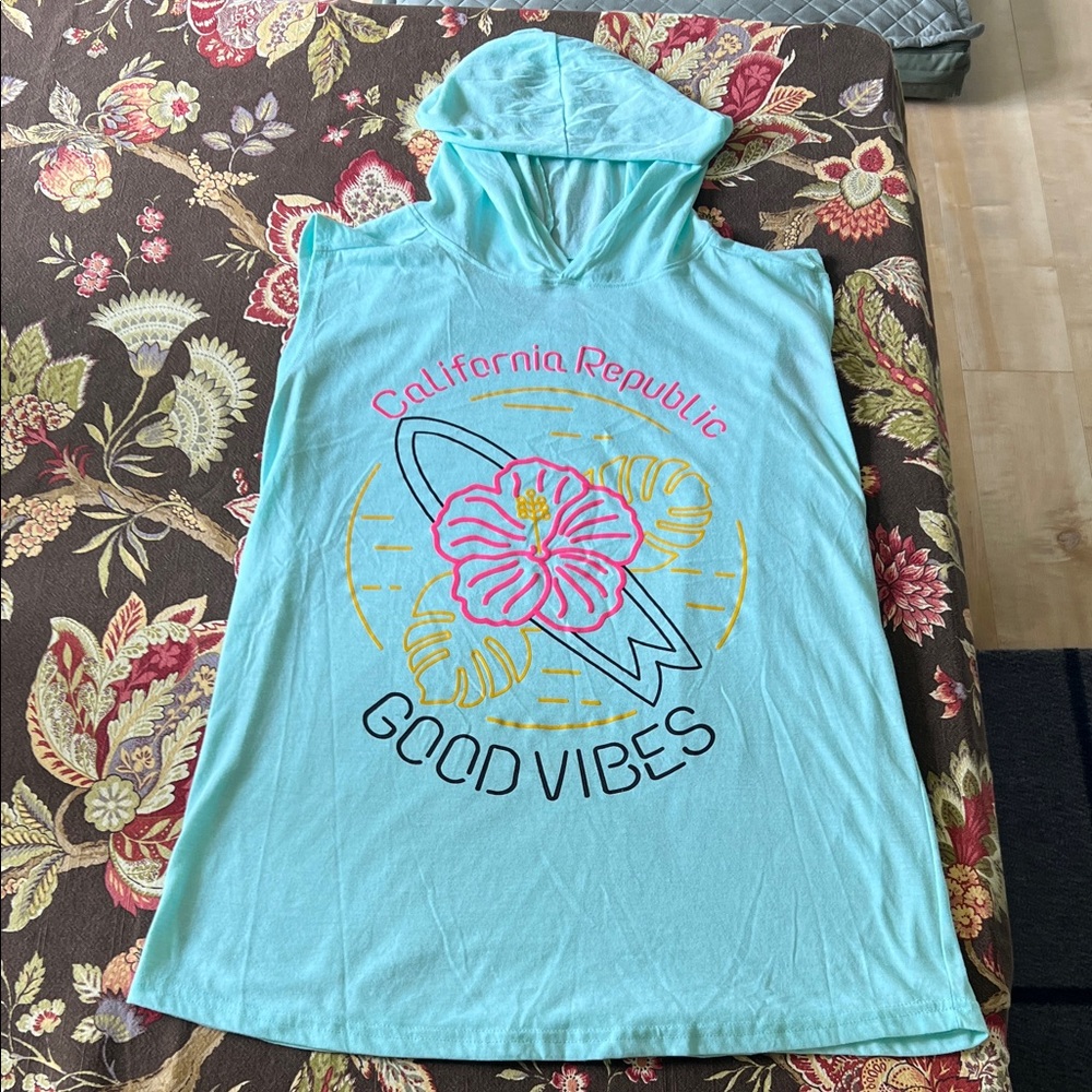 Aqua Sleeveless Hoodie with Graphic Print